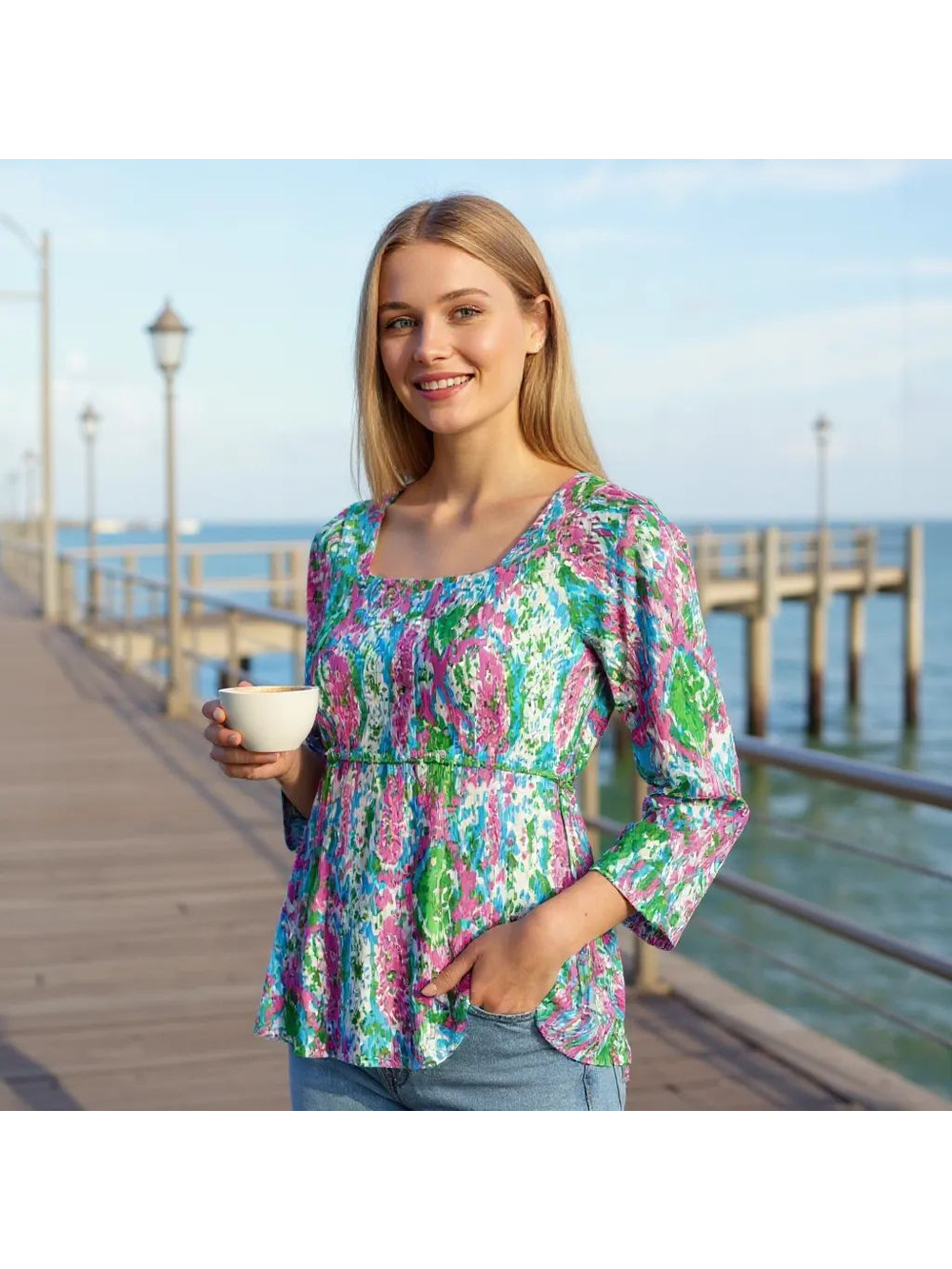 LILLY PULITZER 'SHOW ME SOME SKIN' PRINT 3/4 LENGTH SLEEVES TUNIC TOP PINK BLUE